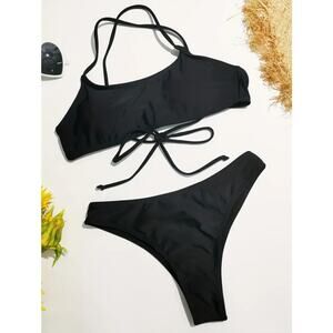 Solid Black Athletic Cheeky Bikini Set LARGE